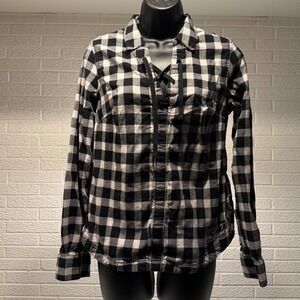 Harley Davidson Womens Black White Buffalo Plaid Lace Up Flannel‎ Shirt